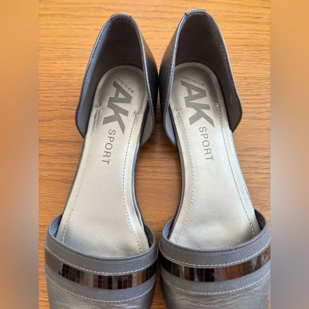 Anne Klein Sport Onmyway d’Orsay Pewter Leather Metallic Pointed Toe Flats, 8